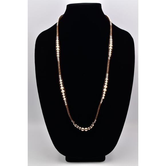 Chan Luu Pearl Necklace Wrap Beaded Brown Leather Cord Gold 925 Signed BinBC - Picture 1 of 12